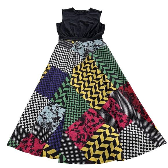 eShakti Dress Womens 2 Black Multi Patchwork Sleeveless A-Line Fit Flare Retro - Picture 1 of 7